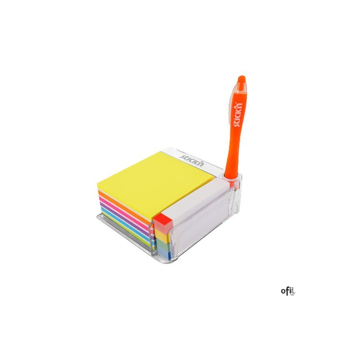 Mniejszy przybornik zawiera: notes 76x76mm, 400 karteczek - mix 3 kolorów oraz 380 zakładek indeksujących papierowych o wymiarac