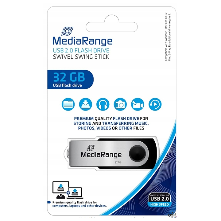 Pamięć Pendrive MediaRange 32GB USB 2.0, obracany, srebrno-czarny, MR911