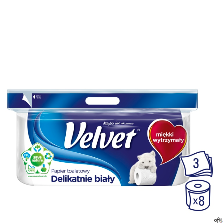 papier toaletowy - delikatnie biały_100% celuloza_papier 3 warstwowy_ilość listków na rolce: 162_opakowanie: 8 rolek_kolor: biał
