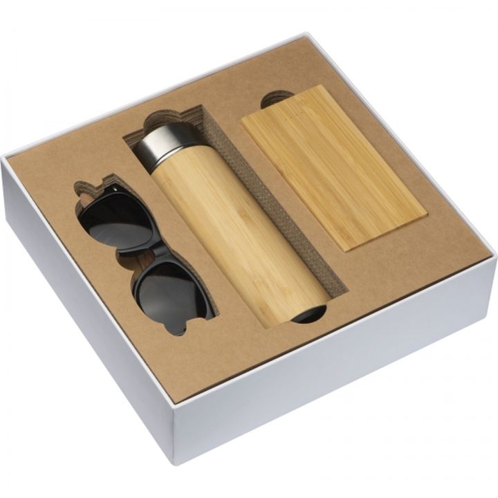 Zestaw butelka 350 ml, okulary, power bank 8000 mAh EMILIA - Biały