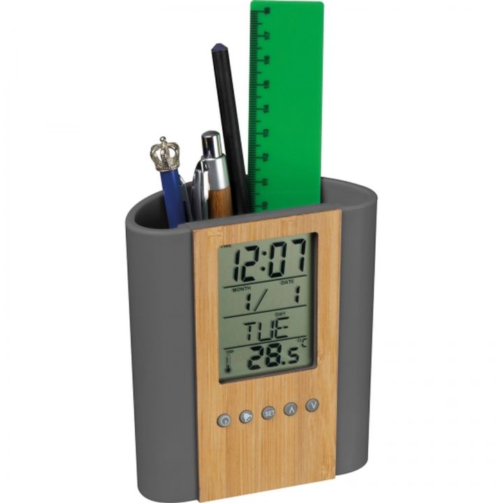 Stojak biurkowy z zegarem STEFANO - Szary