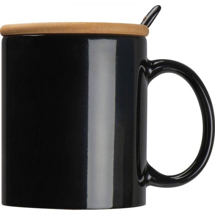 Kubek ceramiczny z łyżeczką 300 ml LOTHAR - Czarny