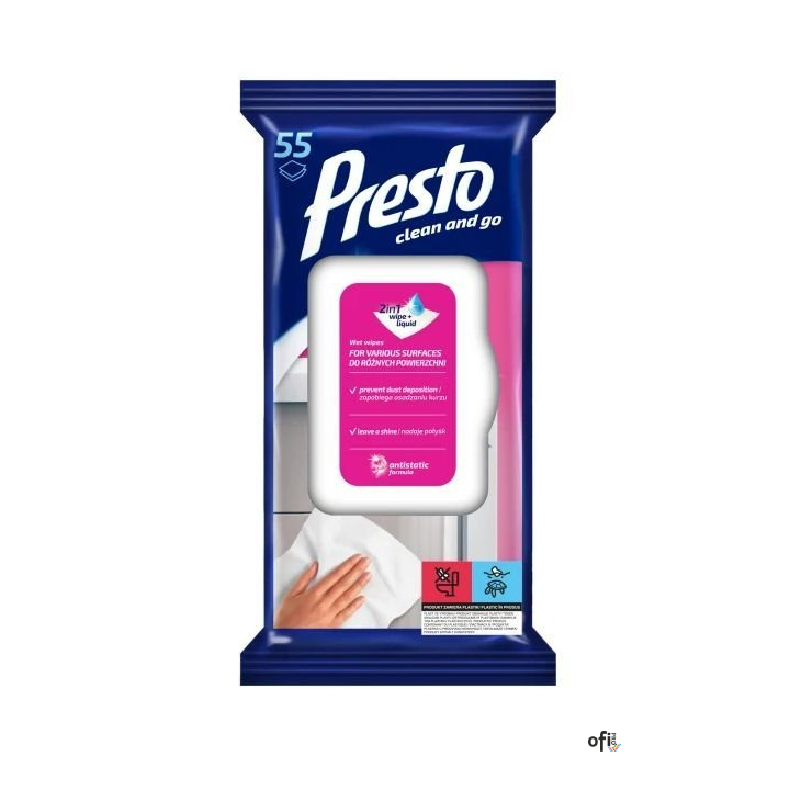 PRESTO Ściereczki nawilżane do różnych powierzchni 55 szt.  28772