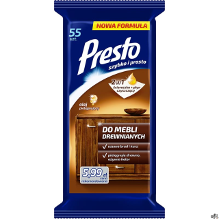 PRESTO Ściereczki nawilżane do mebli drewnianych 55 szt.  28758
