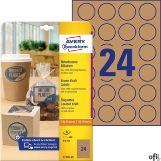 Brązowe etykiety na produkty, A4, 25 ark./op., Q40 mm, okrągłe, AVERY ZWECKFORM, L7105-25