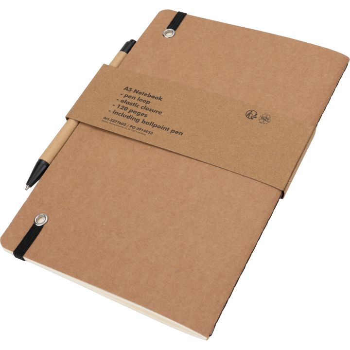 Notatnik A5 z czystymi stronami i długopisem z materiałów z recyklingu CHLOE - Czarny