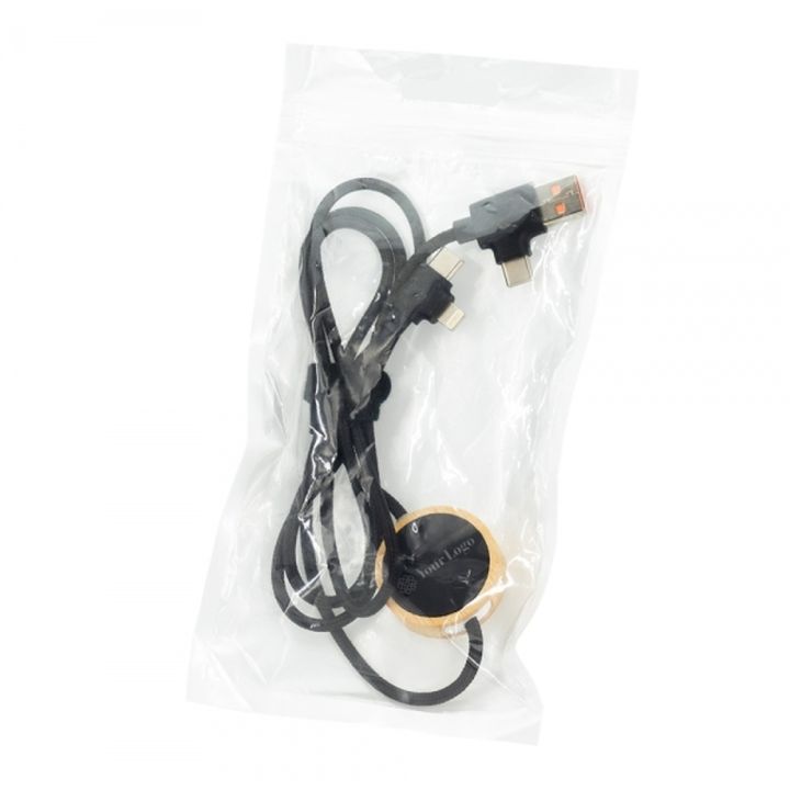 Długi drewniany kabel 4w1 z podświetlanym logo - Beżowy