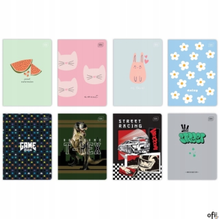 Zeszyt__okładka pokryta lakierem UV__zaokrąglone rogi (format A5)__bogata kolorystyka i duża_różnorodność wzorów okładek__jednos