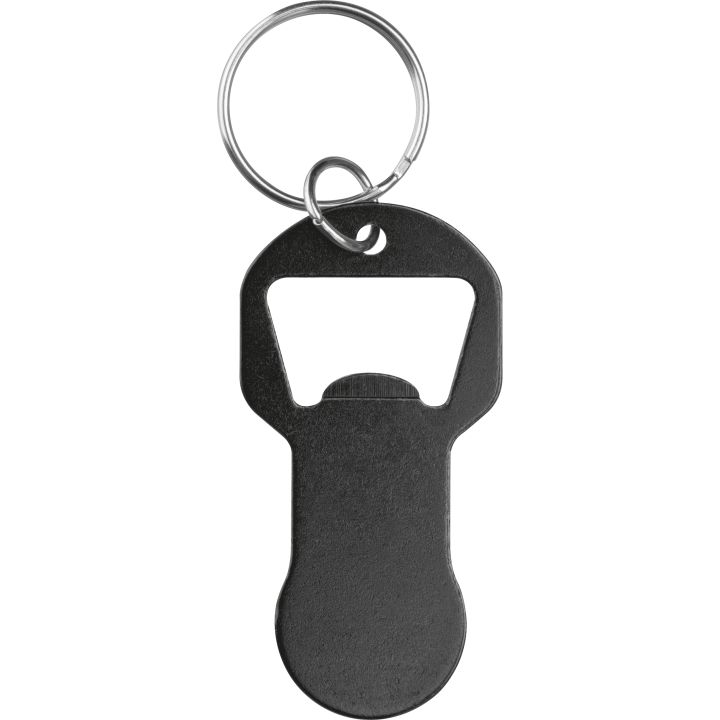 Brelok z otwieraczem do butelek i żetonem do wózka z aluminium z recyklingu OLIWIER - Czarny