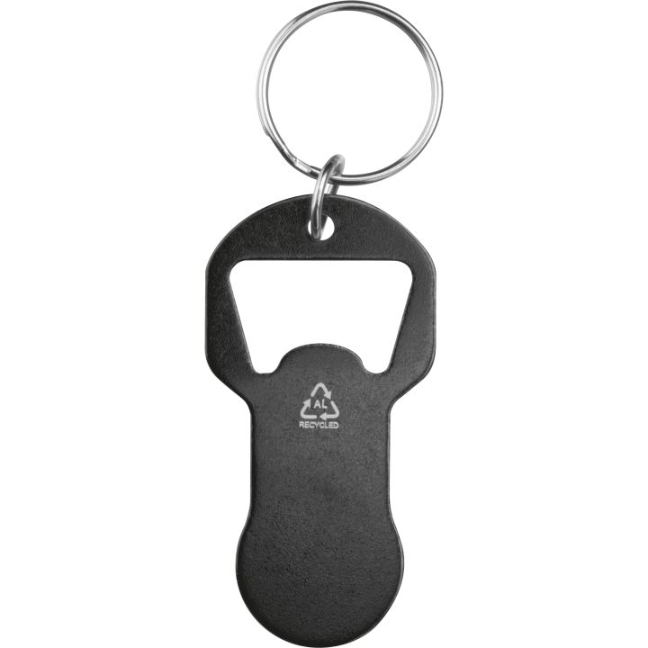 Brelok z otwieraczem do butelek i żetonem do wózka z aluminium z recyklingu OLIWIER - Czarny
