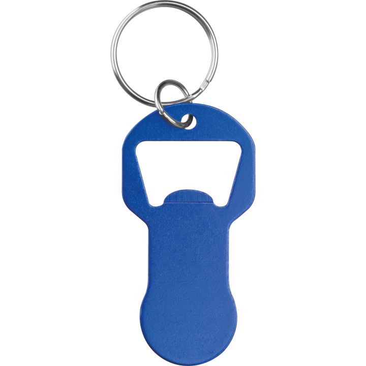 Brelok z otwieraczem do butelek i żetonem do wózka z aluminium z recyklingu OLIWIER - Niebieski