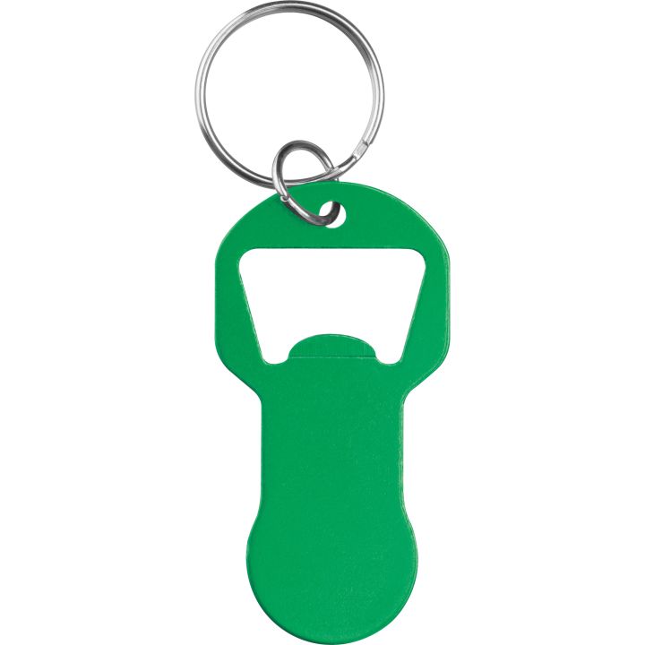Brelok z otwieraczem do butelek i żetonem do wózka z aluminium z recyklingu OLIWIER - Zielony