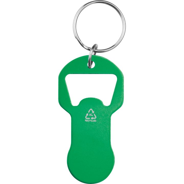 Brelok z otwieraczem do butelek i żetonem do wózka z aluminium z recyklingu OLIWIER - Zielony
