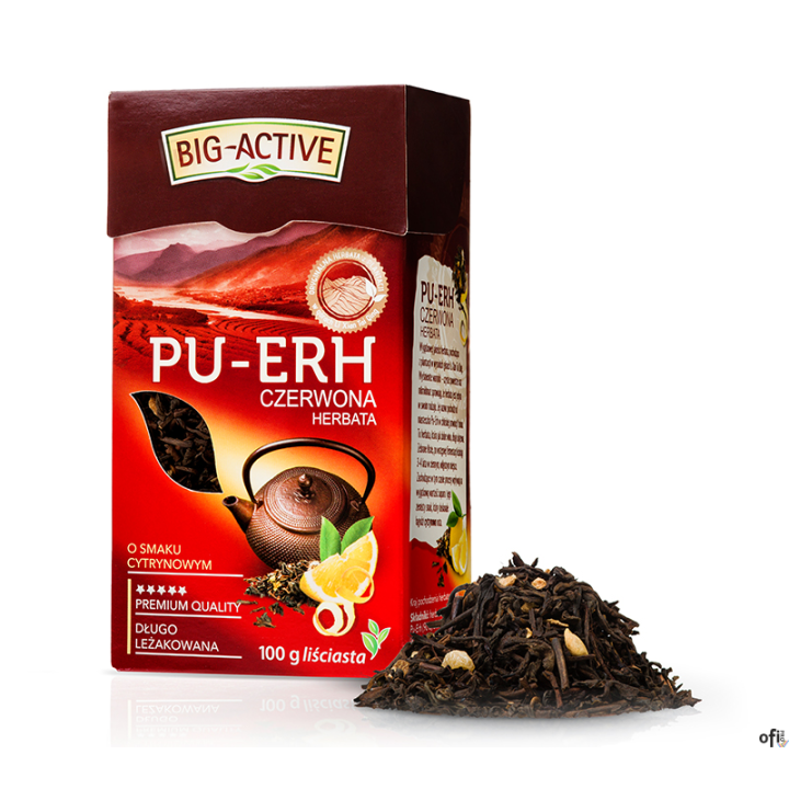 Herbata BIG-ACTIVE PU-ERH czerwona liściasta o smaku cytrynowym 100g