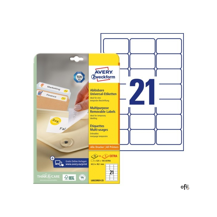 Etykiety uniwersalne L6023REV-25 63,5x38,1 30ark Usuwalne, Avery Zweckform