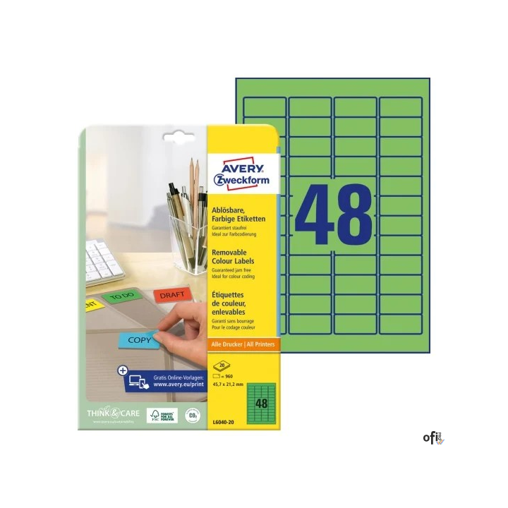 Etykiety zielone L6040-20 45,7 x 21,2 20 ark. Usuwalne, Avery Zweckform