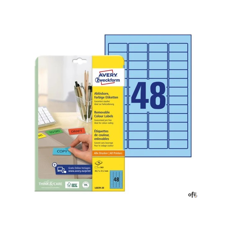 Etykiety niebieskie L6039-20 45,7 x 21,2 20 ark. usuwalne, Avery Zweckform