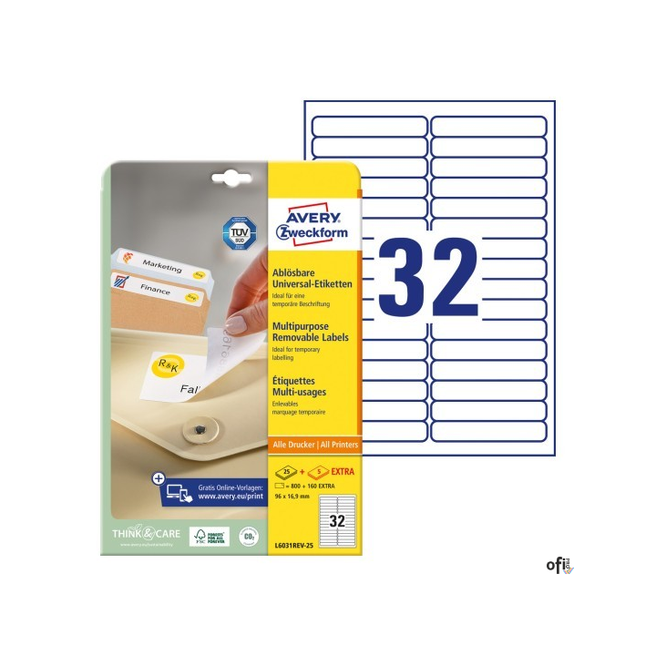 Etykiety uniwersalne L6031REV-25 96 x 16,9 30ark Usuwalne, Avery Zweckform