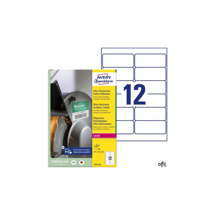 Etykiety polietylenowe ultra resistant, A4, 40 ark./op., 99,1x42,3mm, AVERY ZWECKFORM, L7913-40