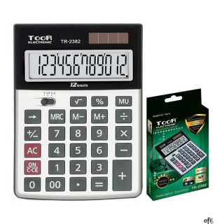 Kalkulator biurowy, 12-pozycyjny. 2 typy zasialnia: bateryjne i słoneczne. Posiada funkcje: pamięci, pierwiastkowania, zmiany zn
