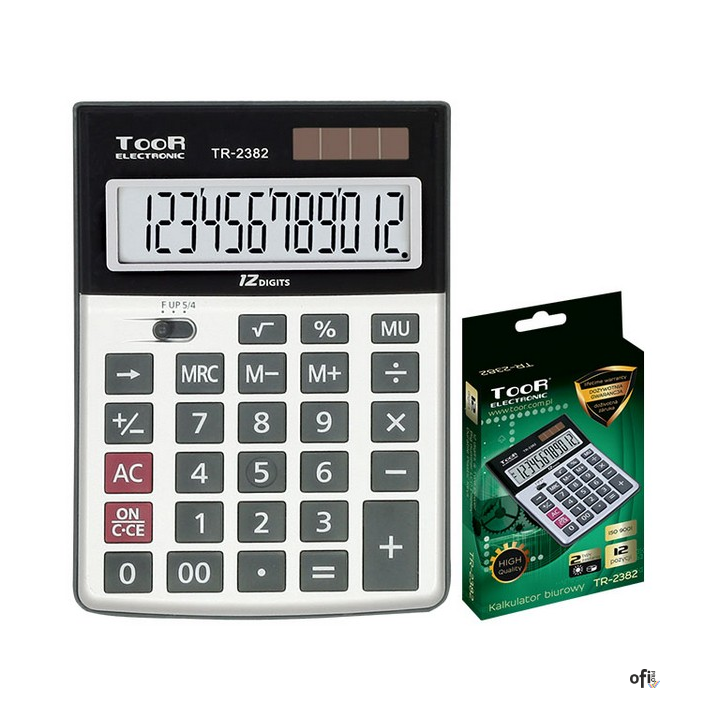 Kalkulator biurowy, 12-pozycyjny. 2 typy zasialnia: bateryjne i słoneczne. Posiada funkcje: pamięci, pierwiastkowania, zmiany zn