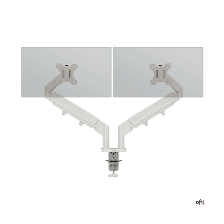 Oszczędzające miejsce ramię Leitz Ergo do dwóch monitorów umożliwiają ustawienie ekranów na zgodnej z zasadami ergonomii wysokoś