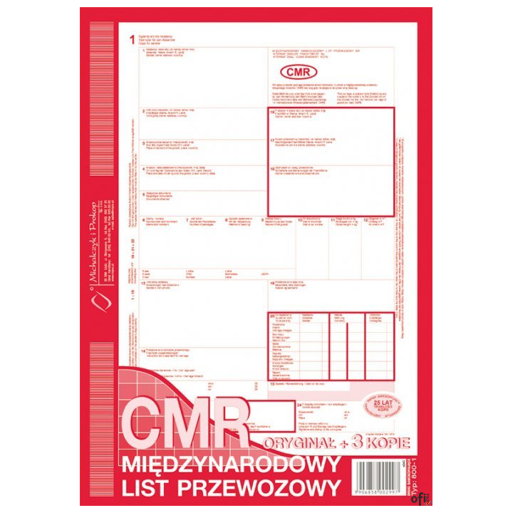 CMR Międzynarodowy list przewozowy (numerowany), A4, (o+3k)
