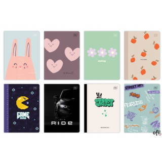 Zeszyt__okładka pokryta lakierem UV__zaokrąglone rogi (format A5)__bogata kolorystyka i duża_różnorodność wzorów okładek__jednos