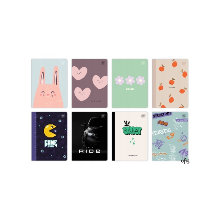 Zeszyt__okładka pokryta lakierem UV__zaokrąglone rogi (format A5)__bogata kolorystyka i duża_różnorodność wzorów okładek__jednos