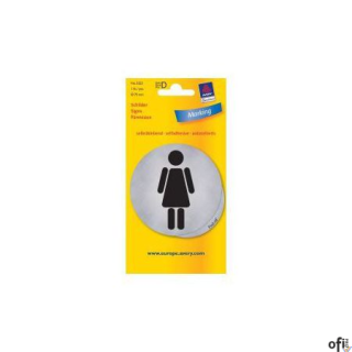 Nalepka metaliczna WC Damski. Symbol samoprzylepny - toaleta damska. Średnica 75 mm. Wykonane z grubej samoprzylepnej metalowej 