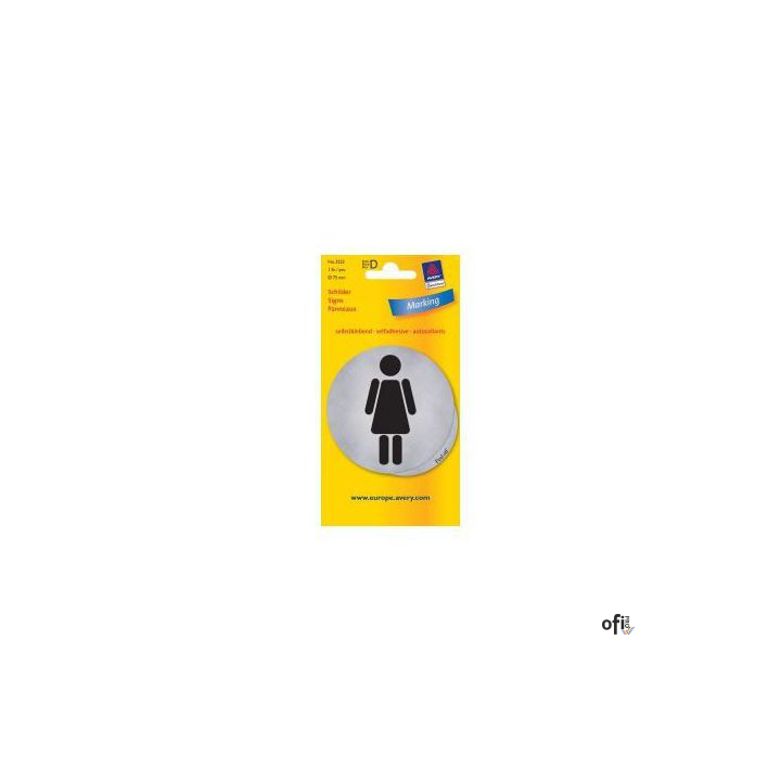 Nalepka metaliczna WC Damski. Symbol samoprzylepny - toaleta damska. Średnica 75 mm. Wykonane z grubej samoprzylepnej metalowej 