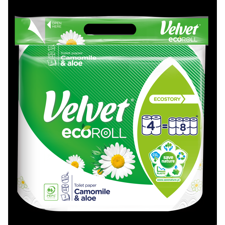 Papier toaletowy Velvet ecoROLL stworzony z myślą o naturze, daje proste rozwiązanie, jak być eko na co dzień. W 4 dużych, ciasn