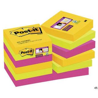 Bloczek samoprzylepny POST-IT_ Super Sticky (622-12SSRIO-EU), 47,6x47,6mm, 12x90 kart., paleta Rio de Janeiro