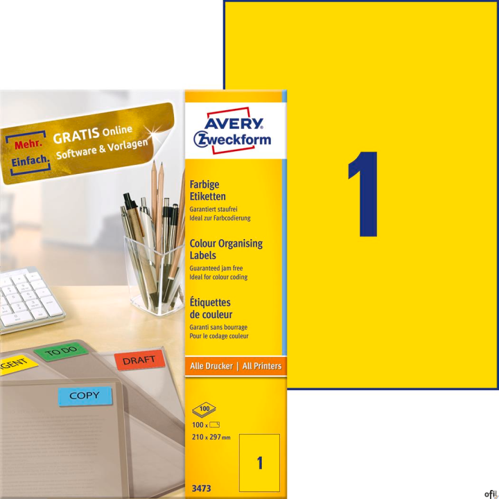 Etykiety żółte 3473 210 x 297 100 ark. trwałe Avery Zweckform