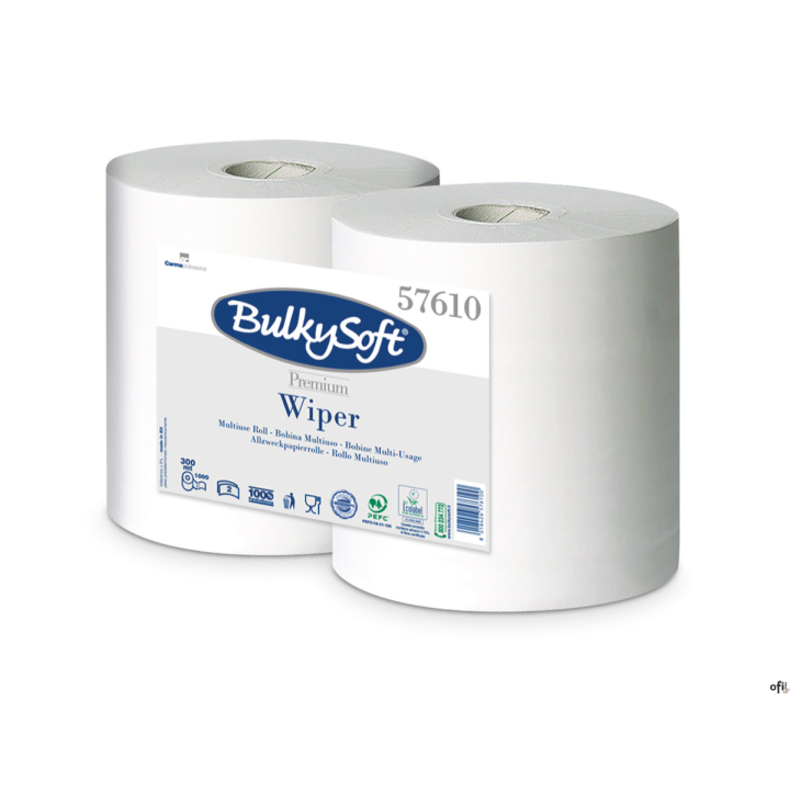 Bulkysoft - czyściwo papierowe, białe, dwuwarstwowe. Jedna rolka ma długość 300 metrów i podzielona jest na 1000 odcinków. Wykon