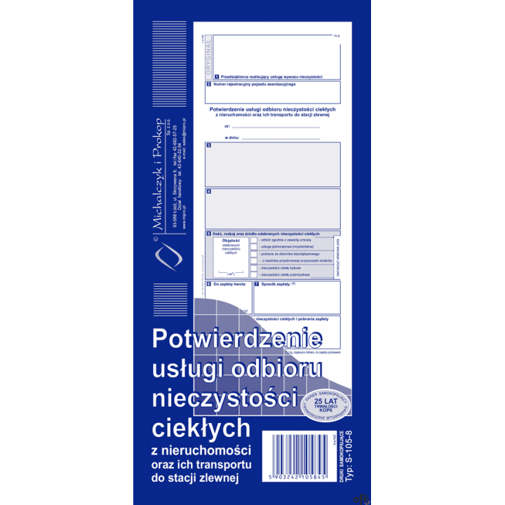 S-105-8 Potwierdzenie usługi odbioru nieczystości ciekłych oraz ich transportu do stacji zlewni 1/3 A4 MICHALCZYK I PROKOP