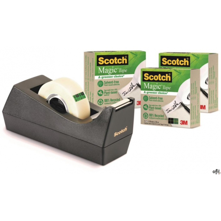 Taśma biurowa SCOTCH Magic Greener Choice (9-1933R3C38), matowa, 19mm, 33m, 3szt., podajnik C-38 GRATIS
