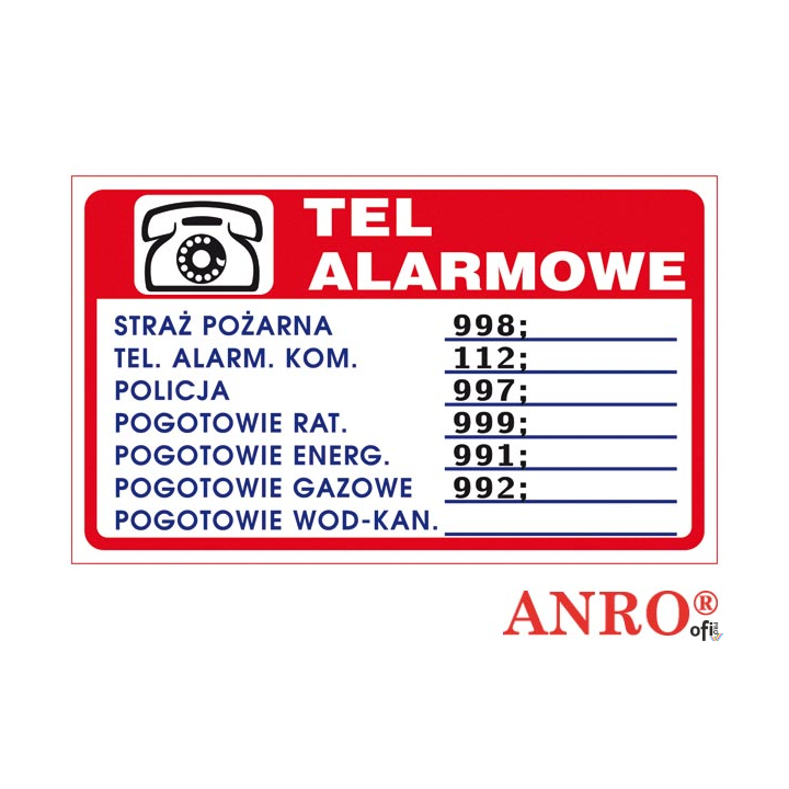 Tabliczka TELEFONY ALARMOWE ZZ-94P 150x200 PŁYTA PCV, ANPRO