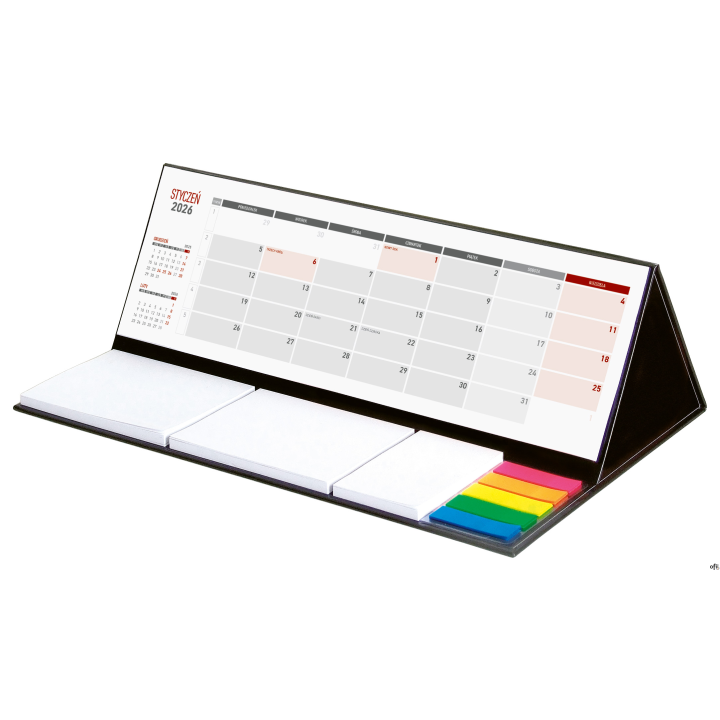 ilość stron - 12papier - biały 70g/m2wymiar&nbsp; - 309 x 99 mmpodstawa - tektura 2 mmkalendarium PL 2026miesiąc bieżący, poprzedni i