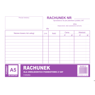 Rachunek dla zwolnionych podmiotowo z VAT A5, 80 kartek (1+1) 10-231-3 DOTTS
