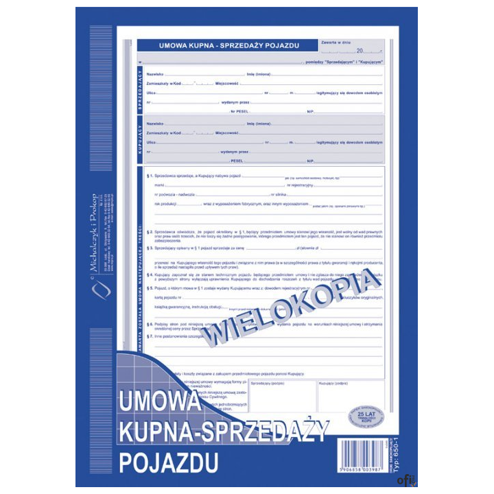 650-1 Umowa kupna - sprzedaży pojazdu MICHALCZYK&PROKOP A4 40 kartek