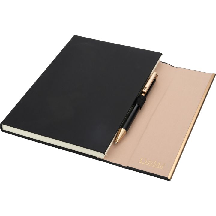 Notatnik A5 ze skóry z recyklingu, w linie z długopisem metalowym CrisMa MAGGIE