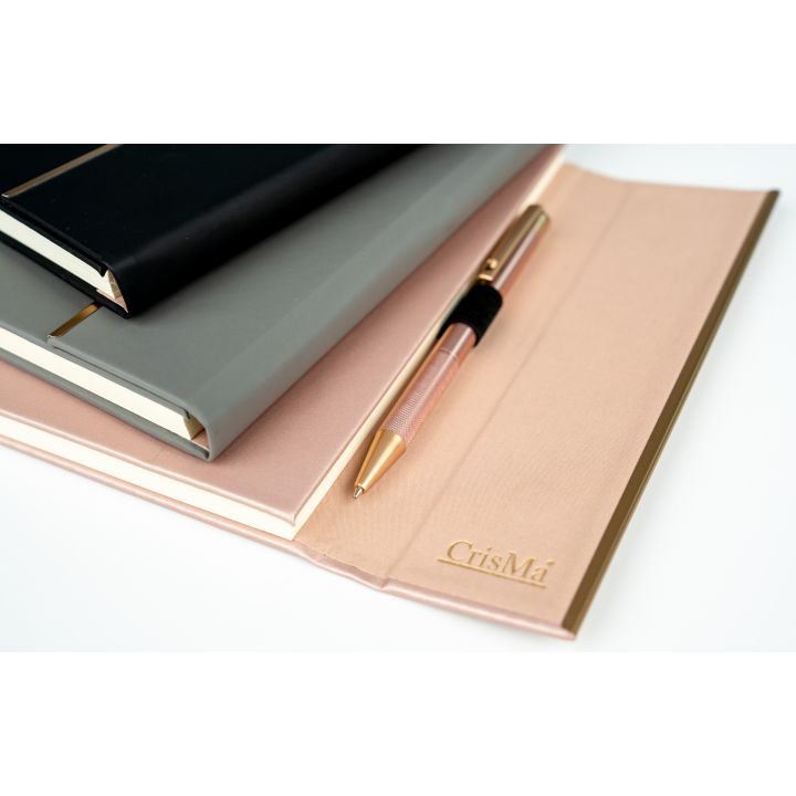 Notatnik A5 ze skóry z recyklingu, w linie z długopisem metalowym CrisMa MAGGIE