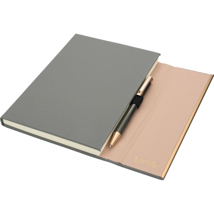 Notatnik A5 ze skóry z recyklingu, w linie z długopisem metalowym CrisMa MAGGIE