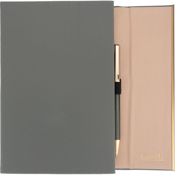 Notatnik A5 ze skóry z recyklingu, w linie z długopisem metalowym CrisMa MAGGIE