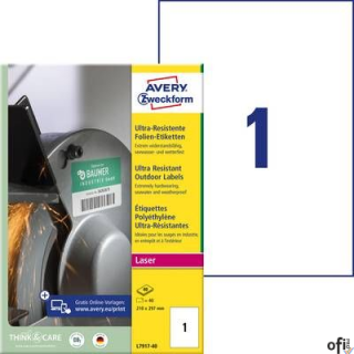 Etykiety polietylenowe ultra resistant, A4, 40 ark./op., 210x297mm, AVERY ZWECKFORM, L7917-40