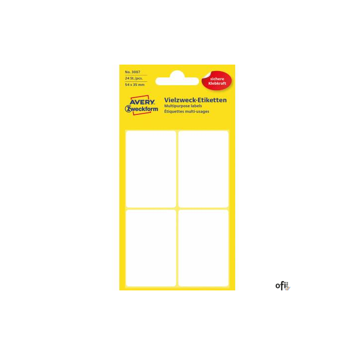 Trwałe minietykiety do opisywania ręcznego, 24 etyk./op., 54 x 35 mm, białe, AVERY ZWECKFORM, 3087