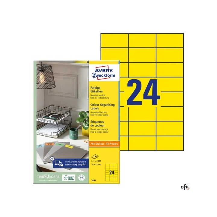 Etykiety żółte 3451 70 x 37 100 ark trwałe, Avery Zweckform