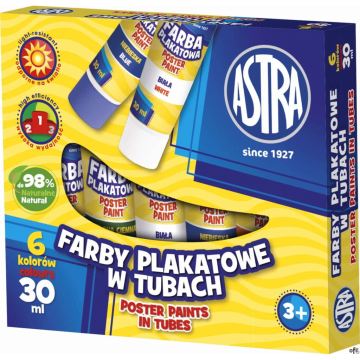 Farby plakatowe Astra 6 kolorów - tuba 30 ml, 83119900
