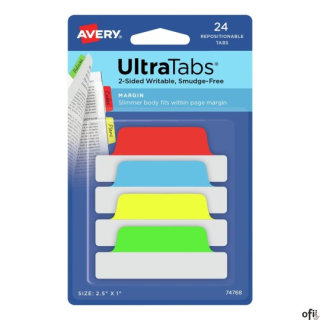 Ultra Tabs - samoprzylepne zakładki indeksujące, kolorowe, klasyczne, 63,5x25, 24 szt., Avery Zweckform 74768